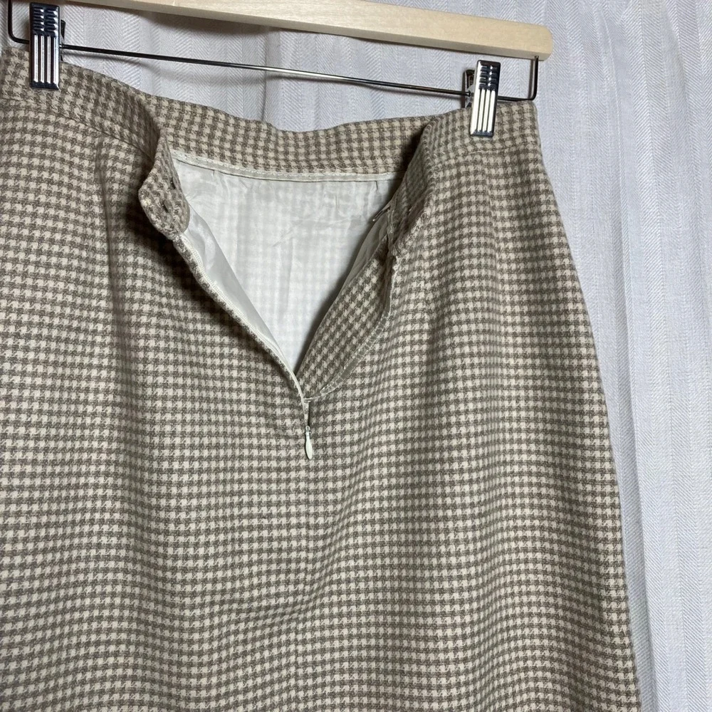 Evan-Picone Petites Vintage Wool Houndstooth Pencil Skirt Tan Cream Size 14P USA